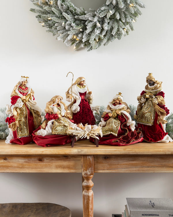 Balsam Hill Burgundy and Gold Nativity Scene Set of 6 Full Display